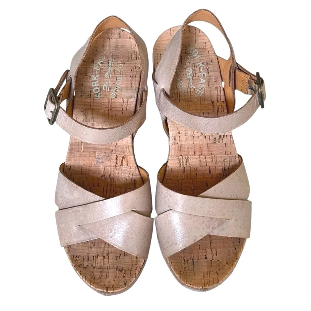 Kork-Ease Wedge Sandals Beige Leather Crisscross‎ Ankle Strap Boho Women Size 8